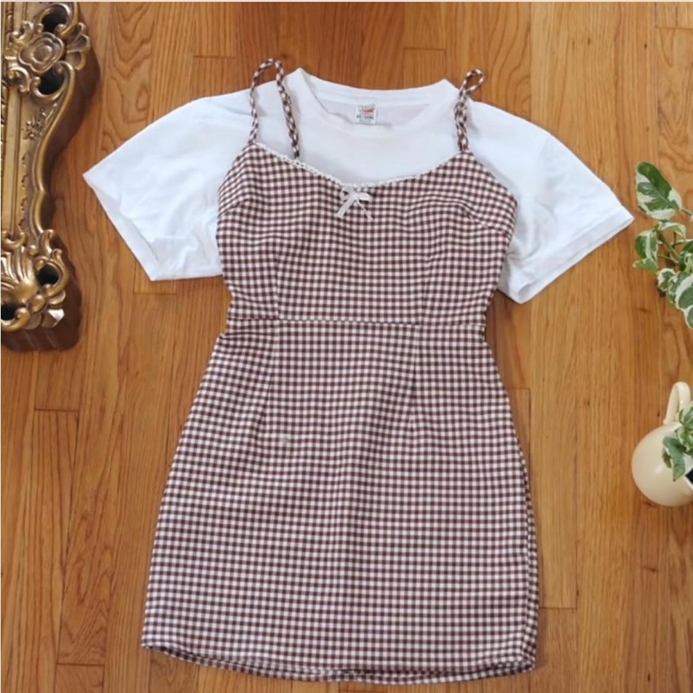 Urban Outfitters Brown & White Gingham Mini Dress
